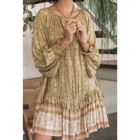 Spell The Gypsy Collective Dahlia Tunic Dress Green Mini Gold